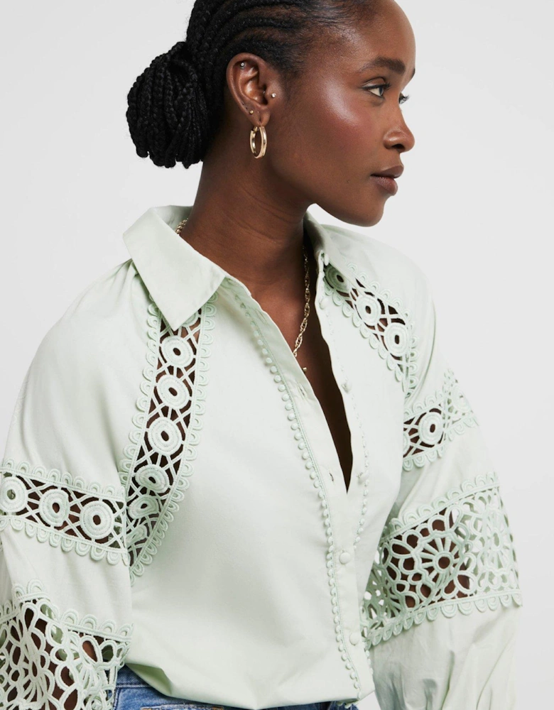 Crochet Panel Oversized Shirt - Light Green