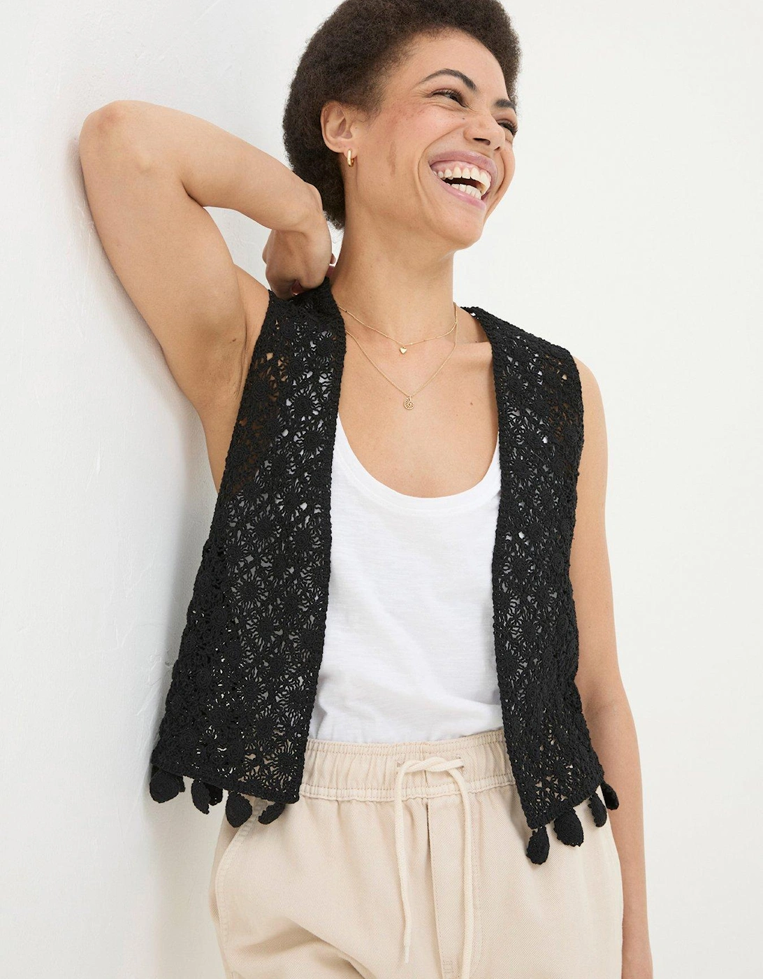 Coin Trim Crochet Waistcoat - Black