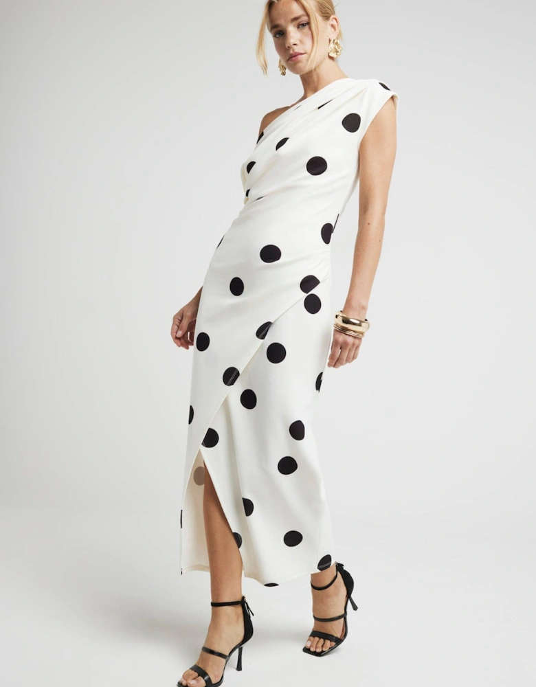 Asymmetric Drape Spot Midi Dress - Cream