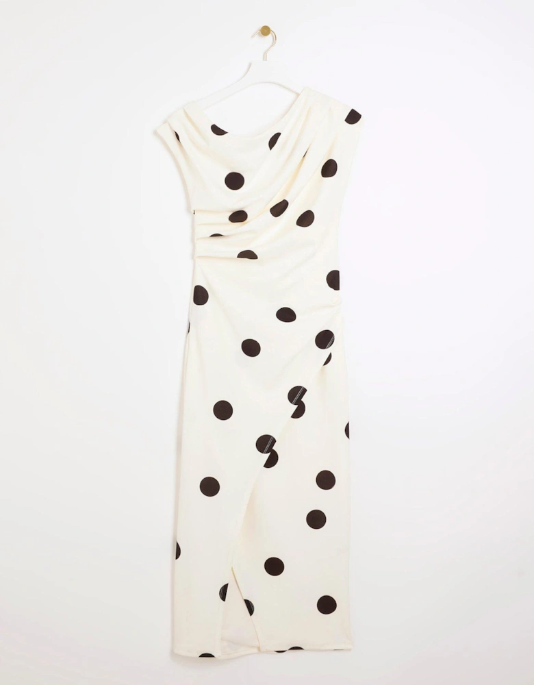 Asymmetric Drape Spot Midi Dress - Cream