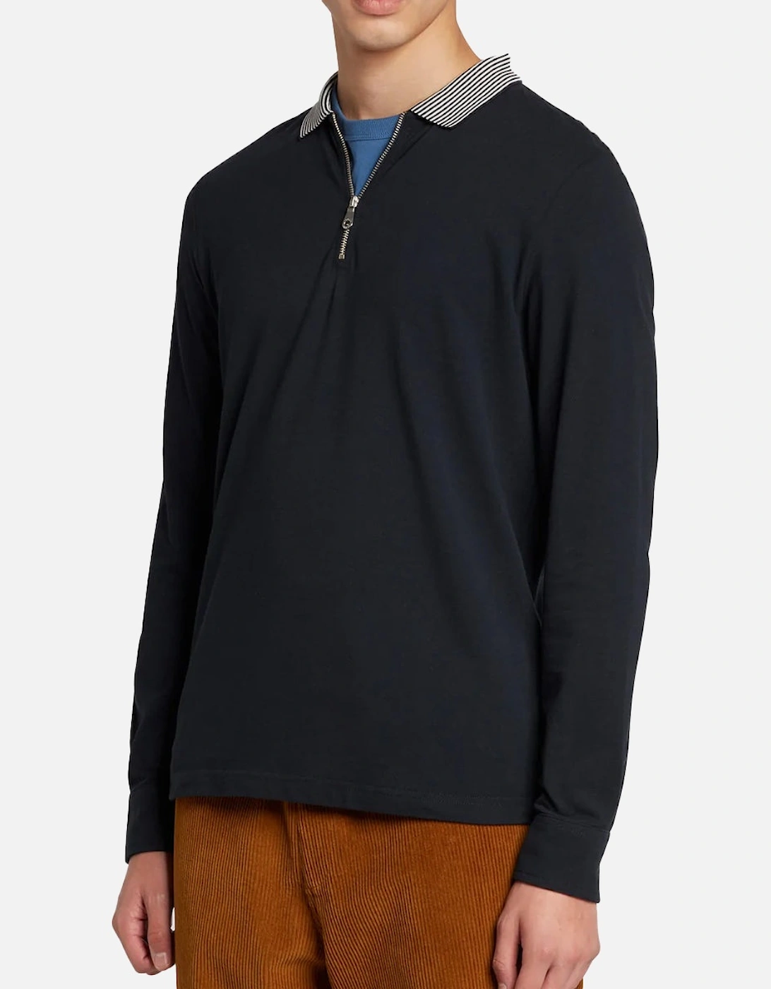 Vancouver Long Sleeve Striped Collar Zip Polo - True Navy