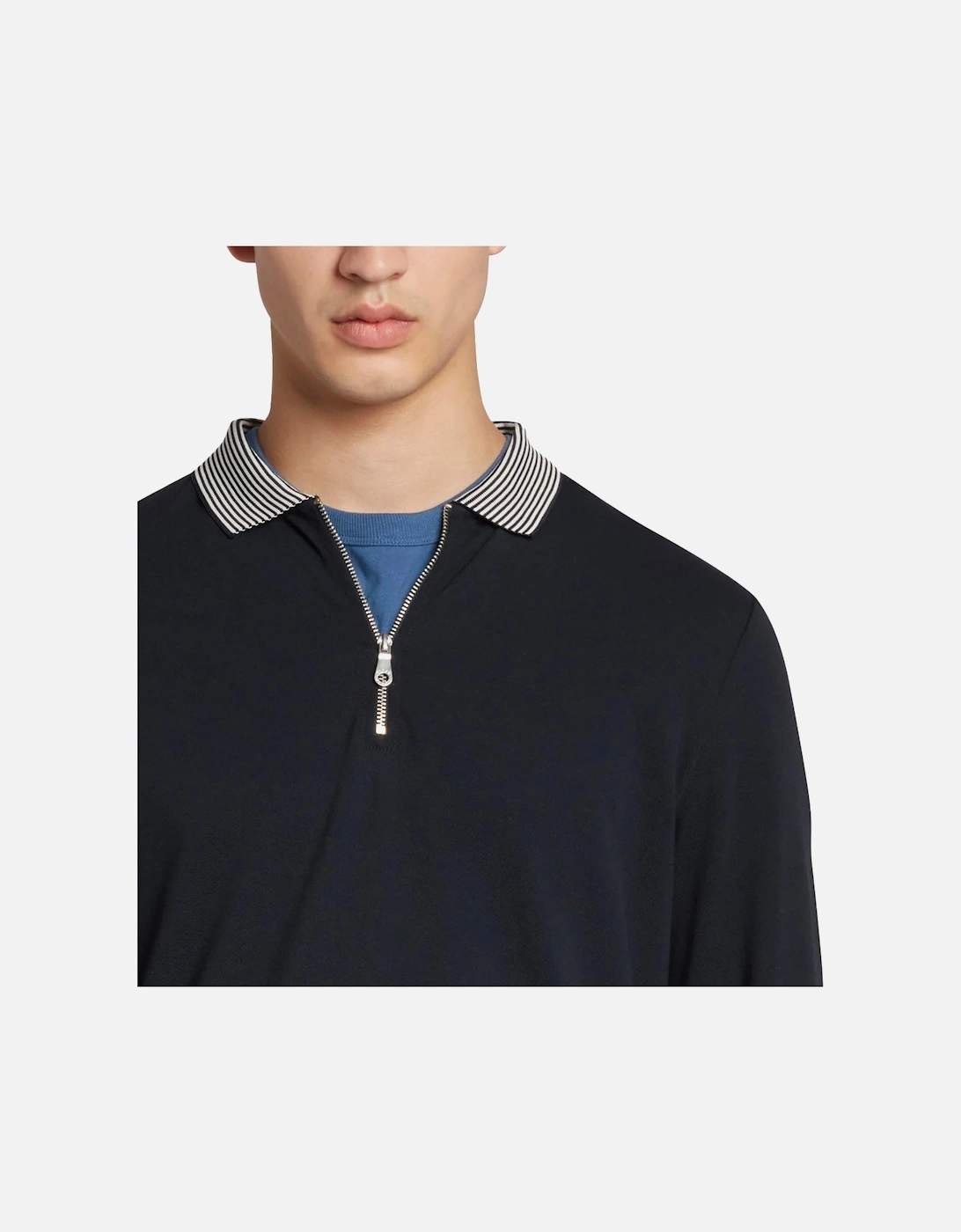 Vancouver Long Sleeve Striped Collar Zip Polo - True Navy