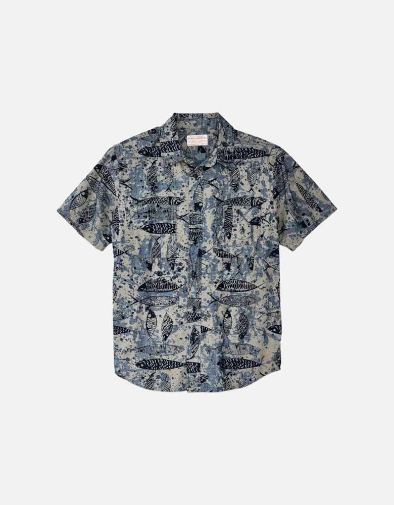 Short Sleeve Chambray Shirt - Blue Ink Fish Print