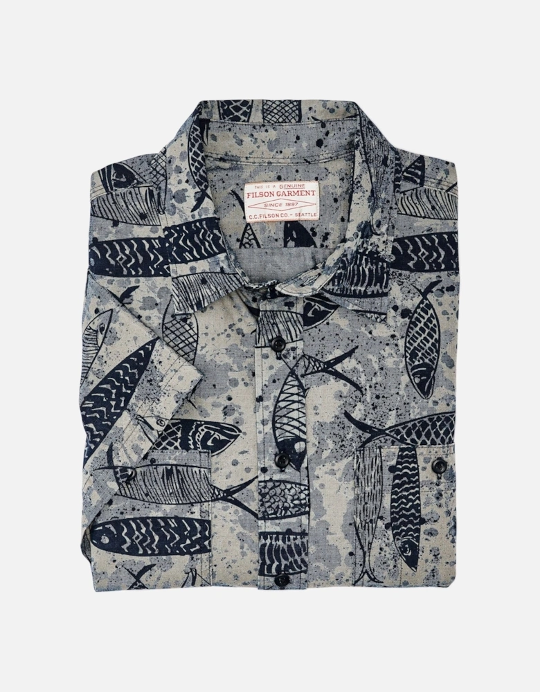 Short Sleeve Chambray Shirt - Blue Ink Fish Print