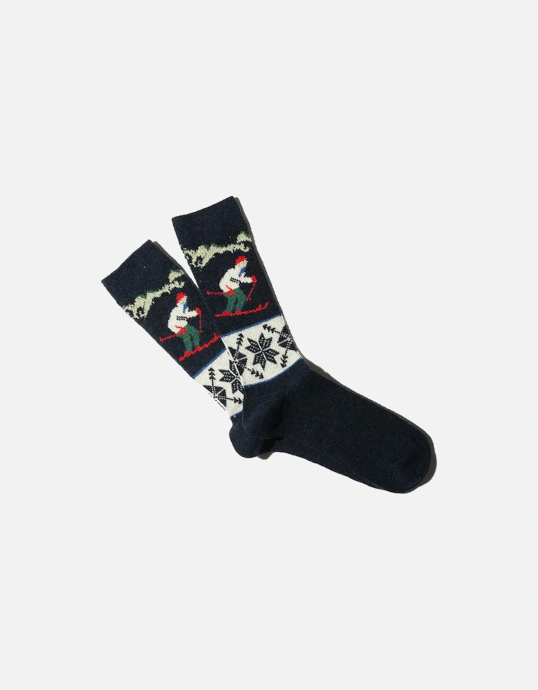 Wool Ski Jacquard Crew Socks - Navy