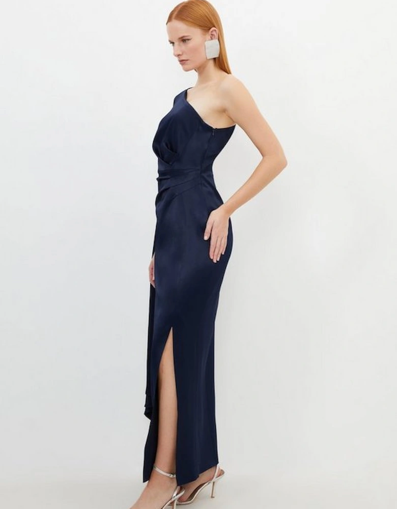 Tailored Satin Back Crepe Drape One Shoulder Maxi Dress