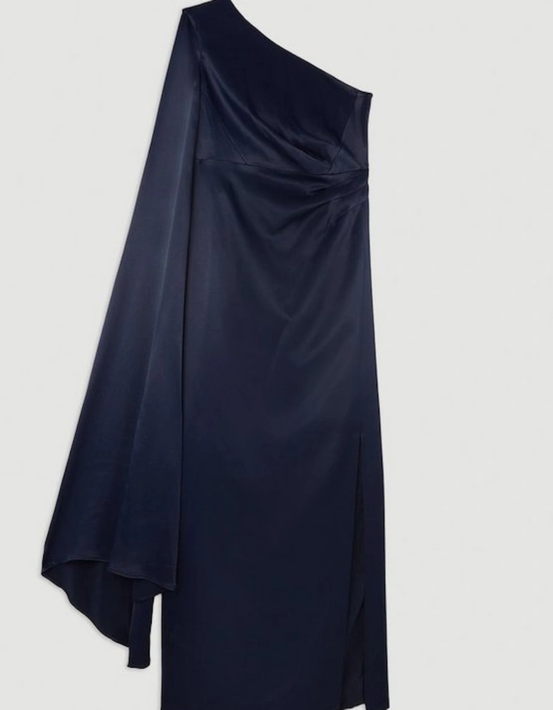 Tailored Satin Back Crepe Drape One Shoulder Maxi Dress