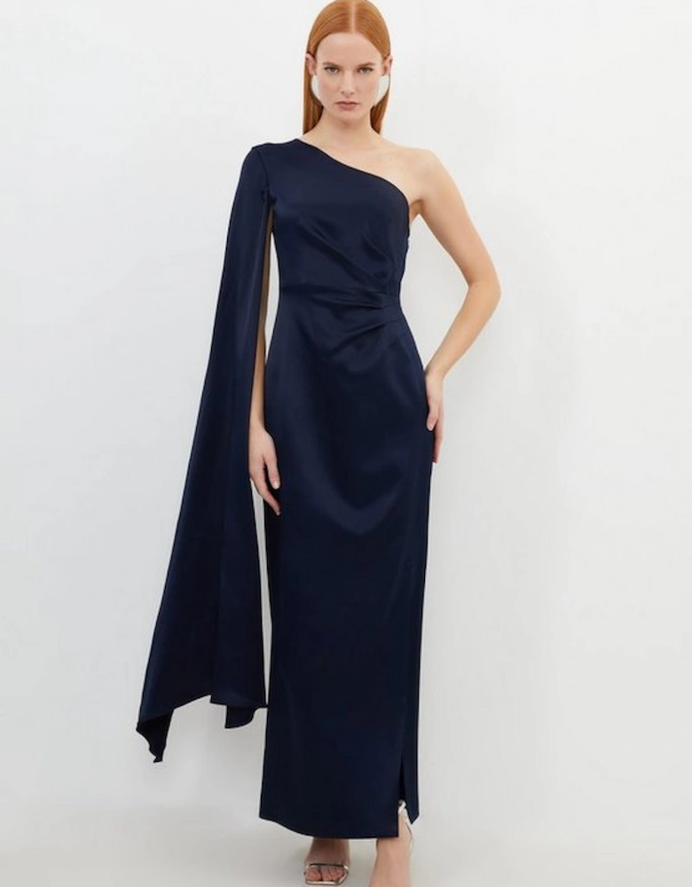 Tailored Satin Back Crepe Drape One Shoulder Maxi Dress