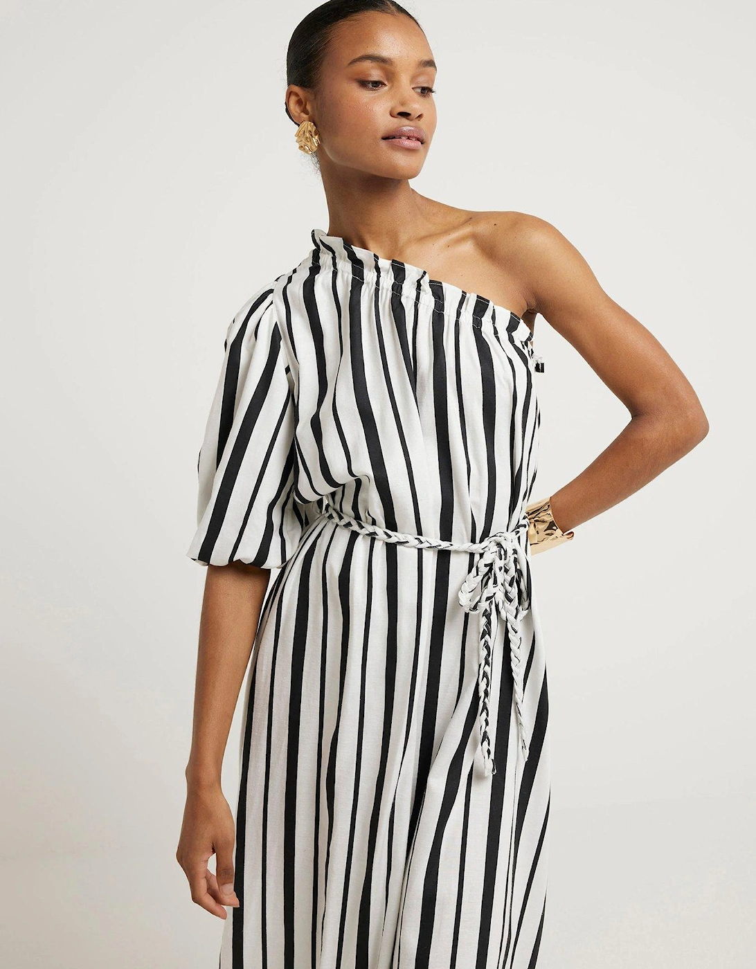 One Shoulder Stripe Midi Dress - Black