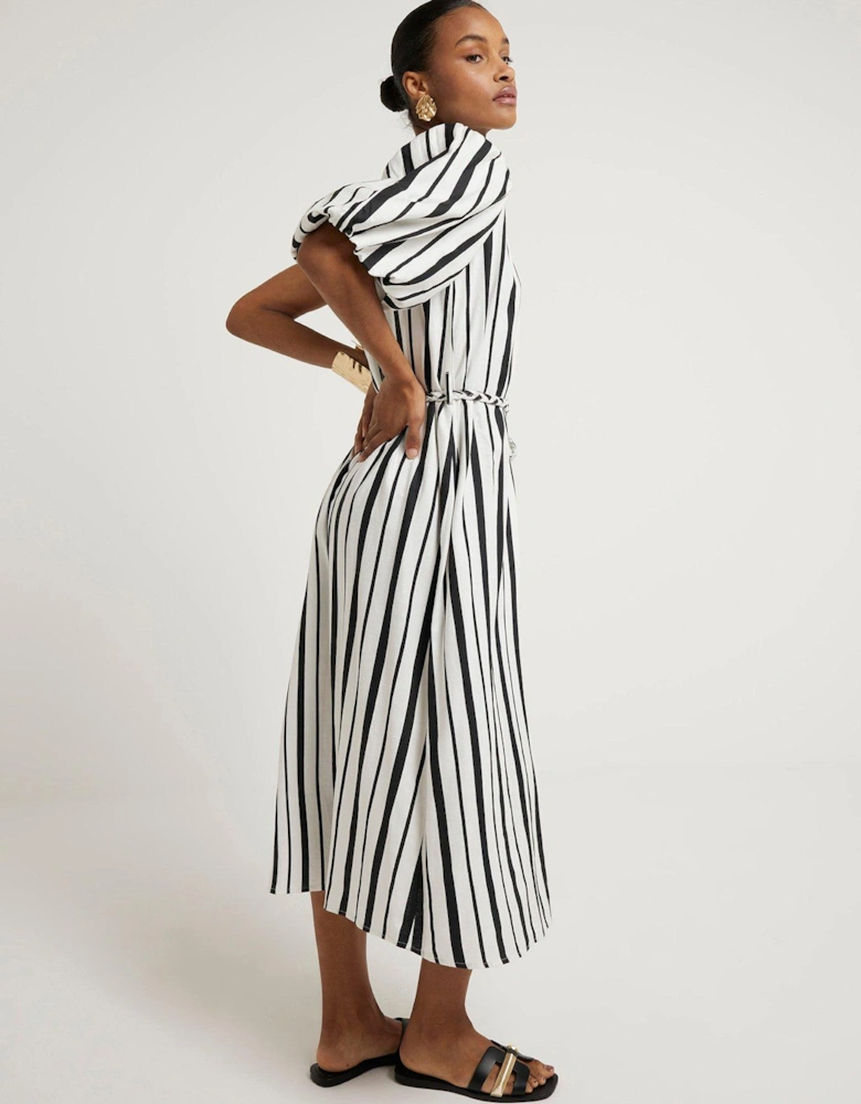 One Shoulder Stripe Midi Dress - Black