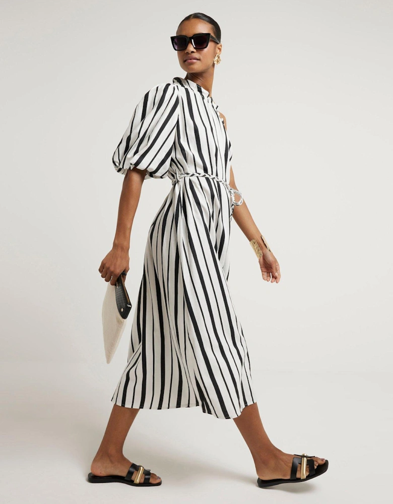 One Shoulder Stripe Midi Dress - Black