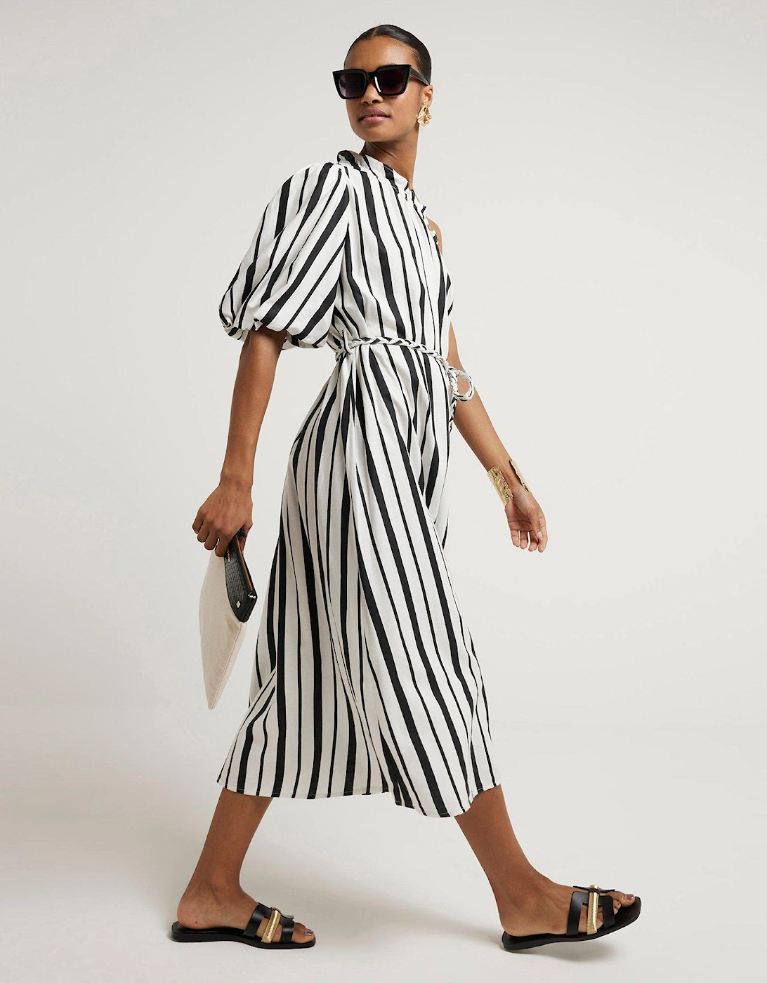 One Shoulder Stripe Midi Dress - Black