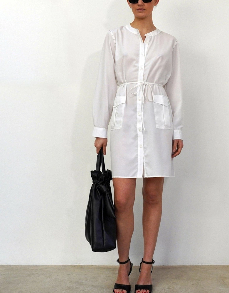 Long Sleeve Pocket Detail Tunic Shirt Dress - White