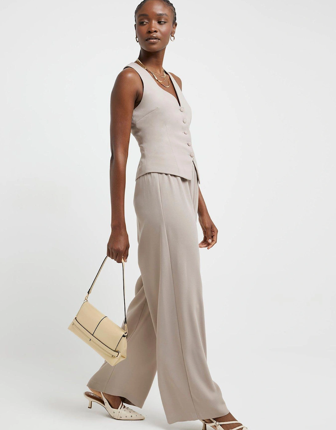 Elasticated Wide Leg Trouser - Light Beige