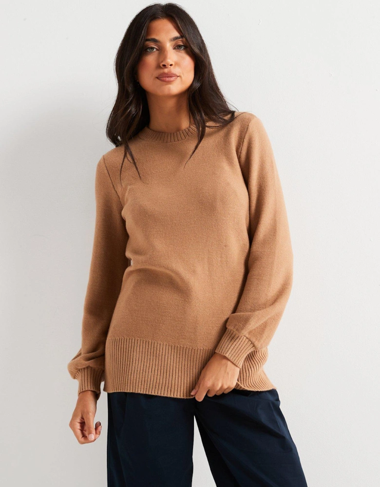 Crew Neck Longline Jumper - Beige