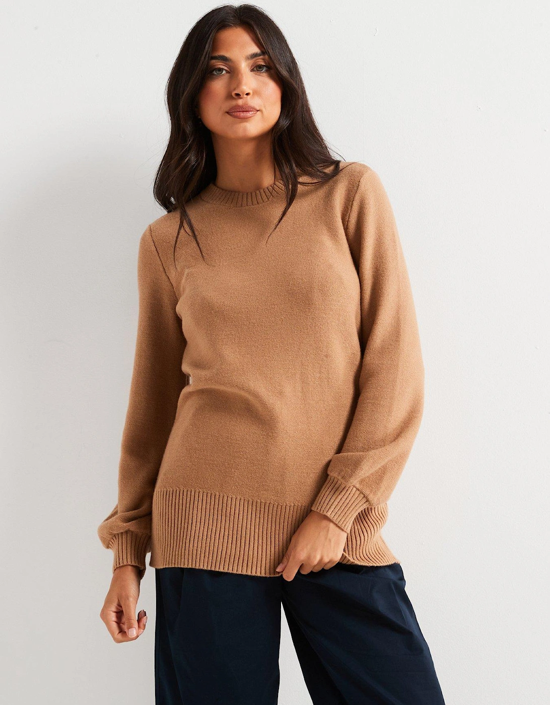 Crew Neck Longline Jumper - Beige, 7 of 6