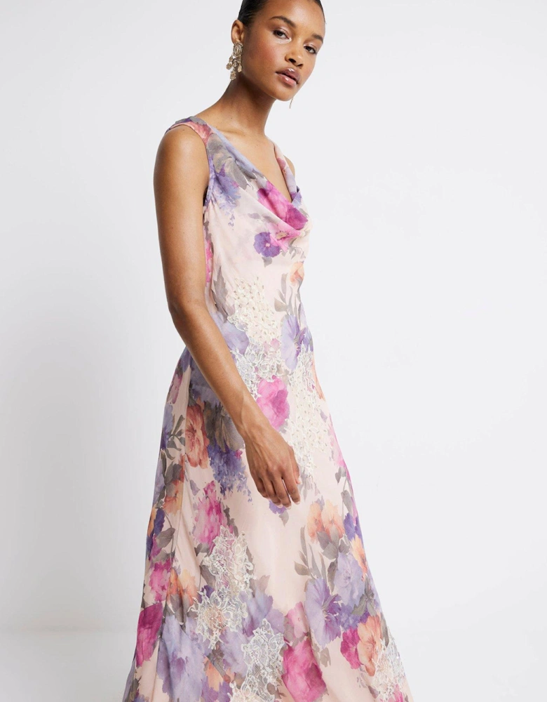 Cowl Neck Maxi Floral Dress - Light Pink