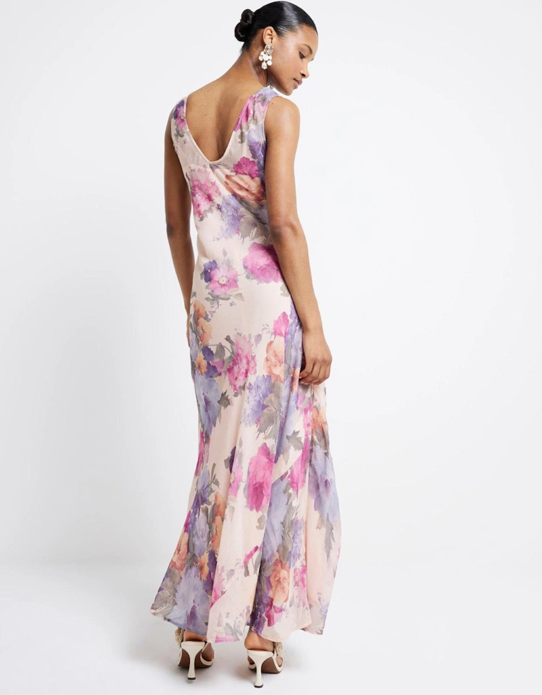 Cowl Neck Maxi Floral Dress - Light Pink