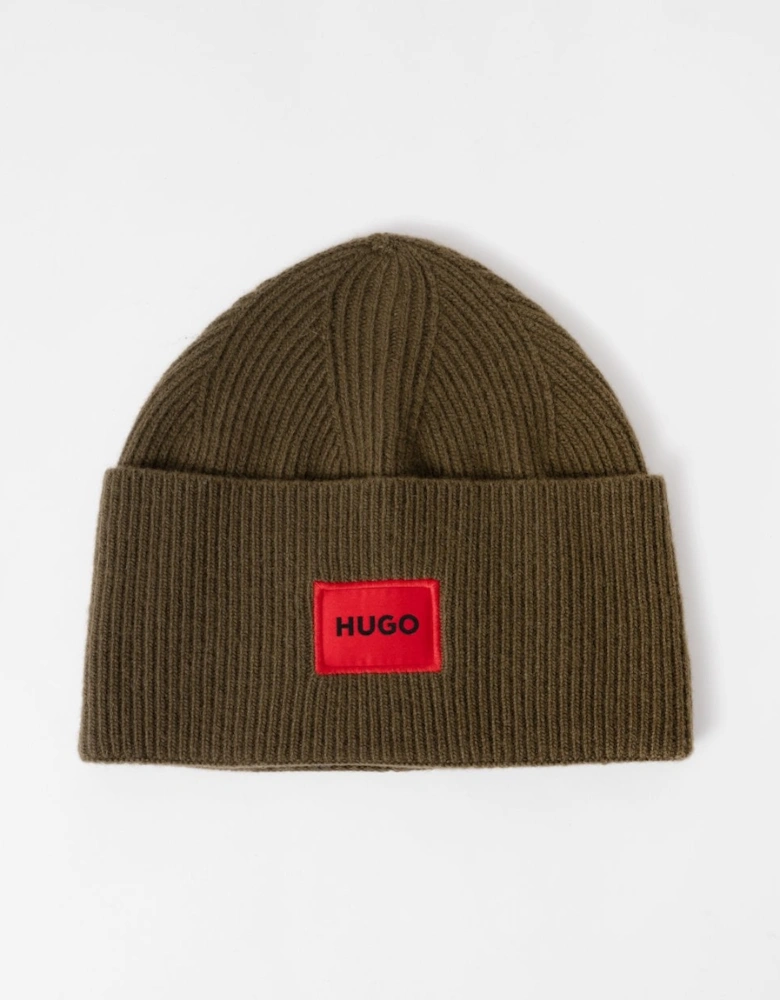 HUGO Xaff 6 Mens Knitted Beanie Hat With Ribbing and Red Logo Label