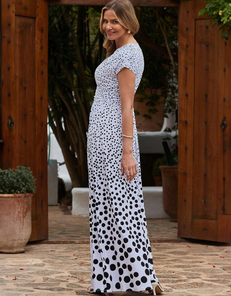 Spot Print Ruched Waist Jersey Maxi Dress - Ivory