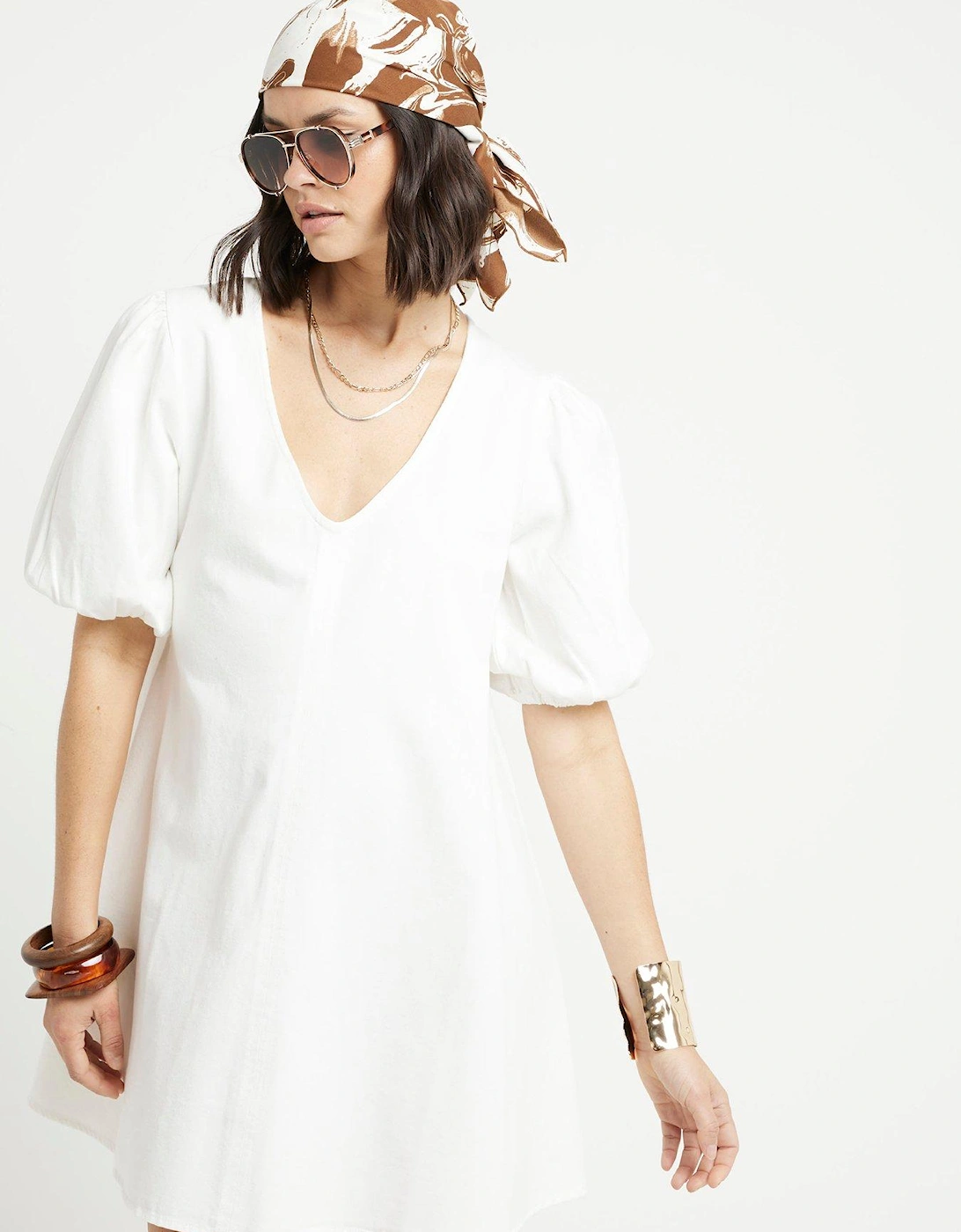 Puff Sleeve Mini Dress - White