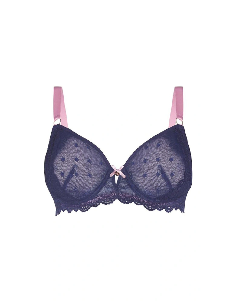 Spot And Lace Underwired Bra - Navy