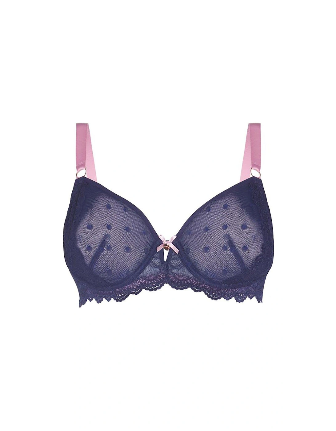 Spot And Lace Underwired Bra - Navy