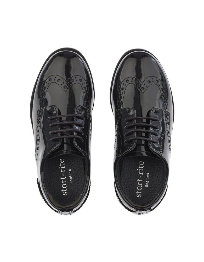 Girls Brogue Pri Patent Leather Lace Up School Shoes - Black Patent