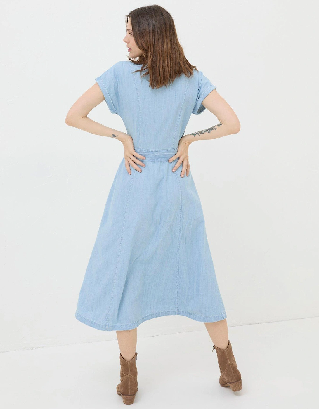 Odette Button Down Denim Midi Dress - Blue