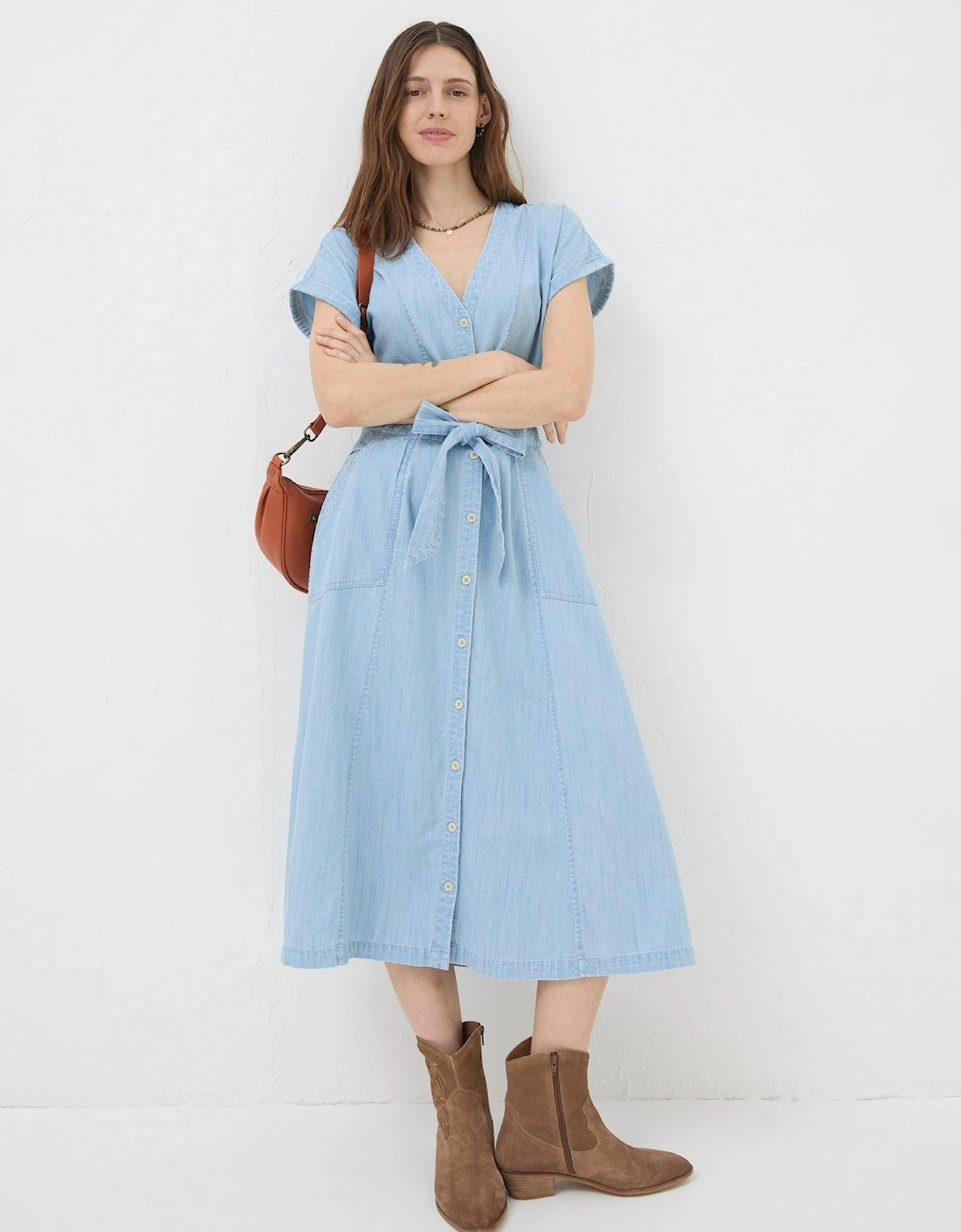 Odette Button Down Denim Midi Dress - Blue