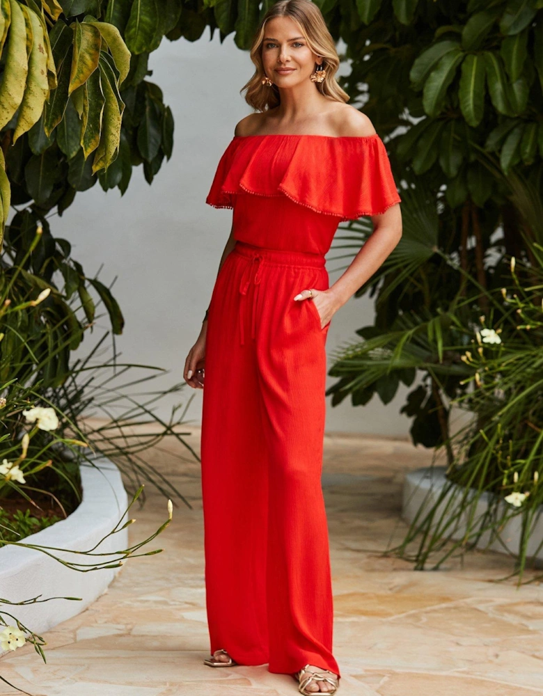 Crinkle Wide Leg Trousers - Red