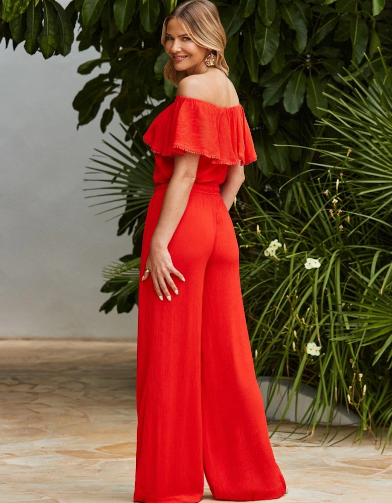 Crinkle Wide Leg Trousers - Red