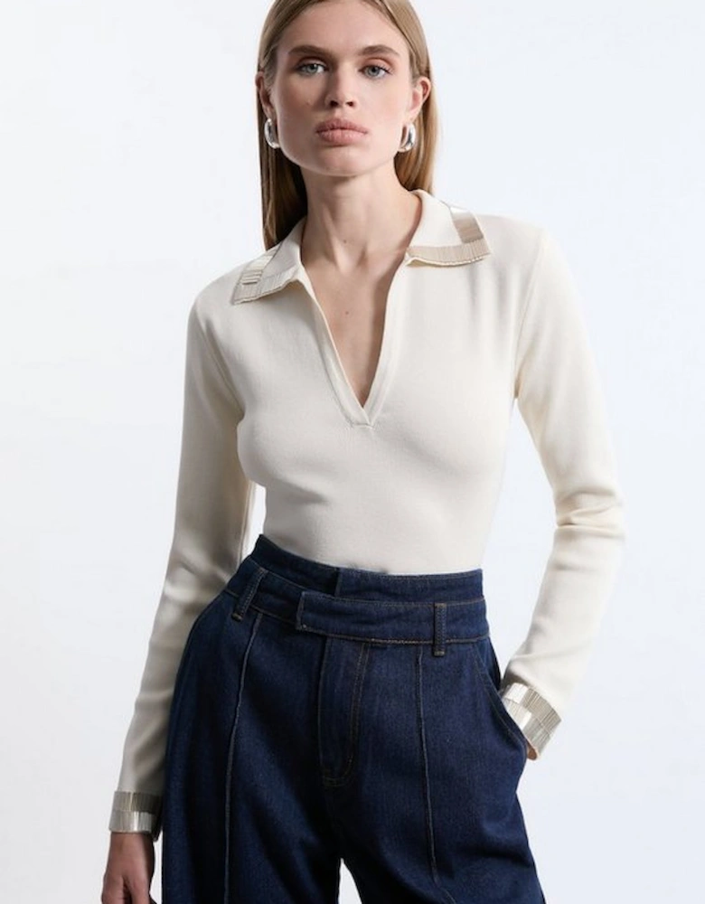 Embellished Collar And Cuff Viscose Blend Knit Polo Top