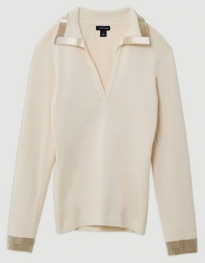 Embellished Collar And Cuff Viscose Blend Knit Polo Top