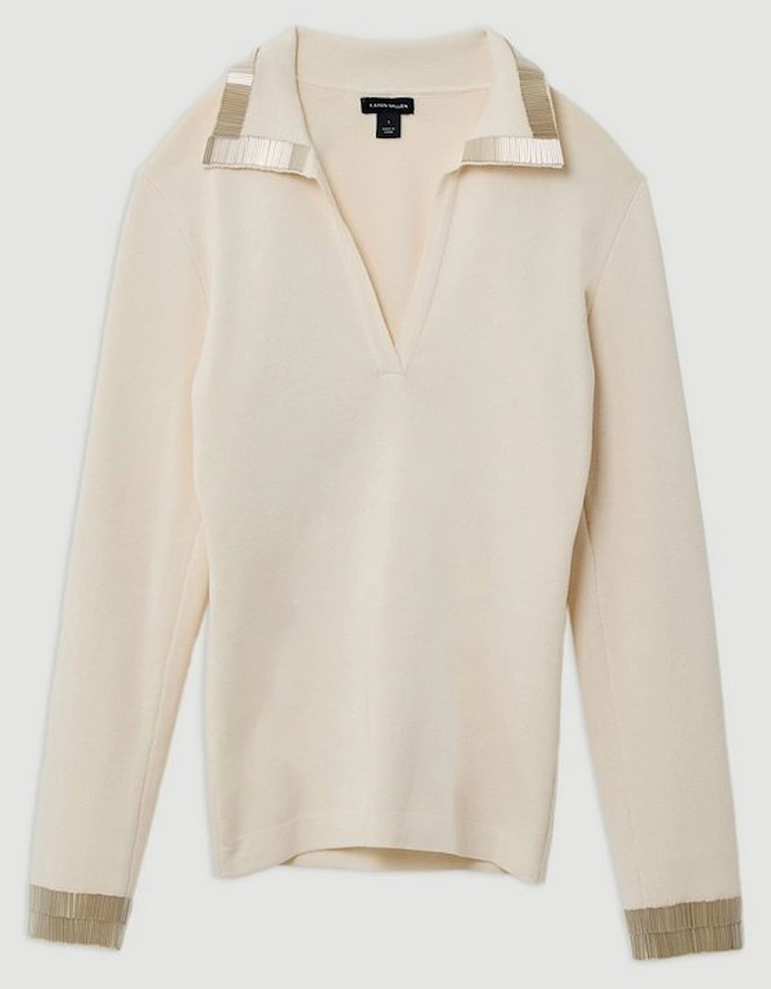 Embellished Collar And Cuff Viscose Blend Knit Polo Top