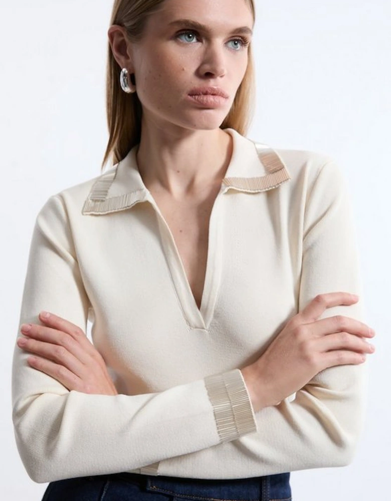 Embellished Collar And Cuff Viscose Blend Knit Polo Top