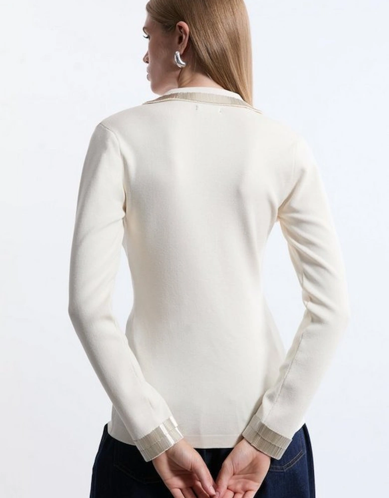 Embellished Collar And Cuff Viscose Blend Knit Polo Top