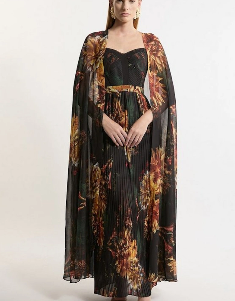 Dark Floral Print Woven Pleated Cape Maxi Dress