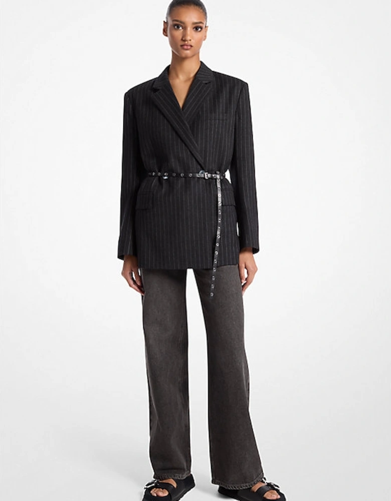 Striped Wool Blend Belted Double-Breasted Blazer