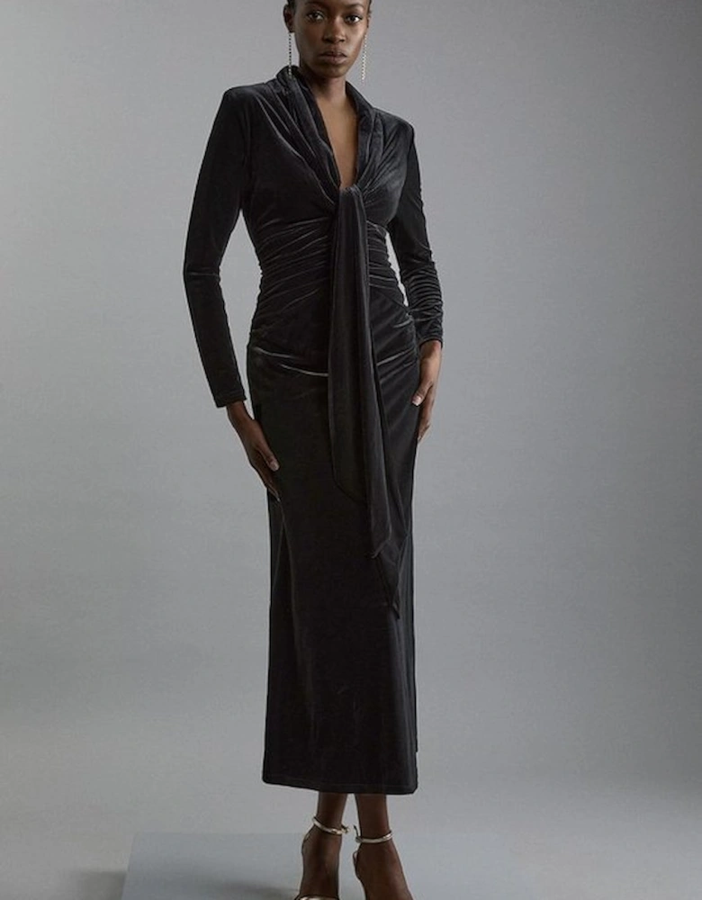 Velvet Long Sleeve Wrap V Neck Maxi Dress