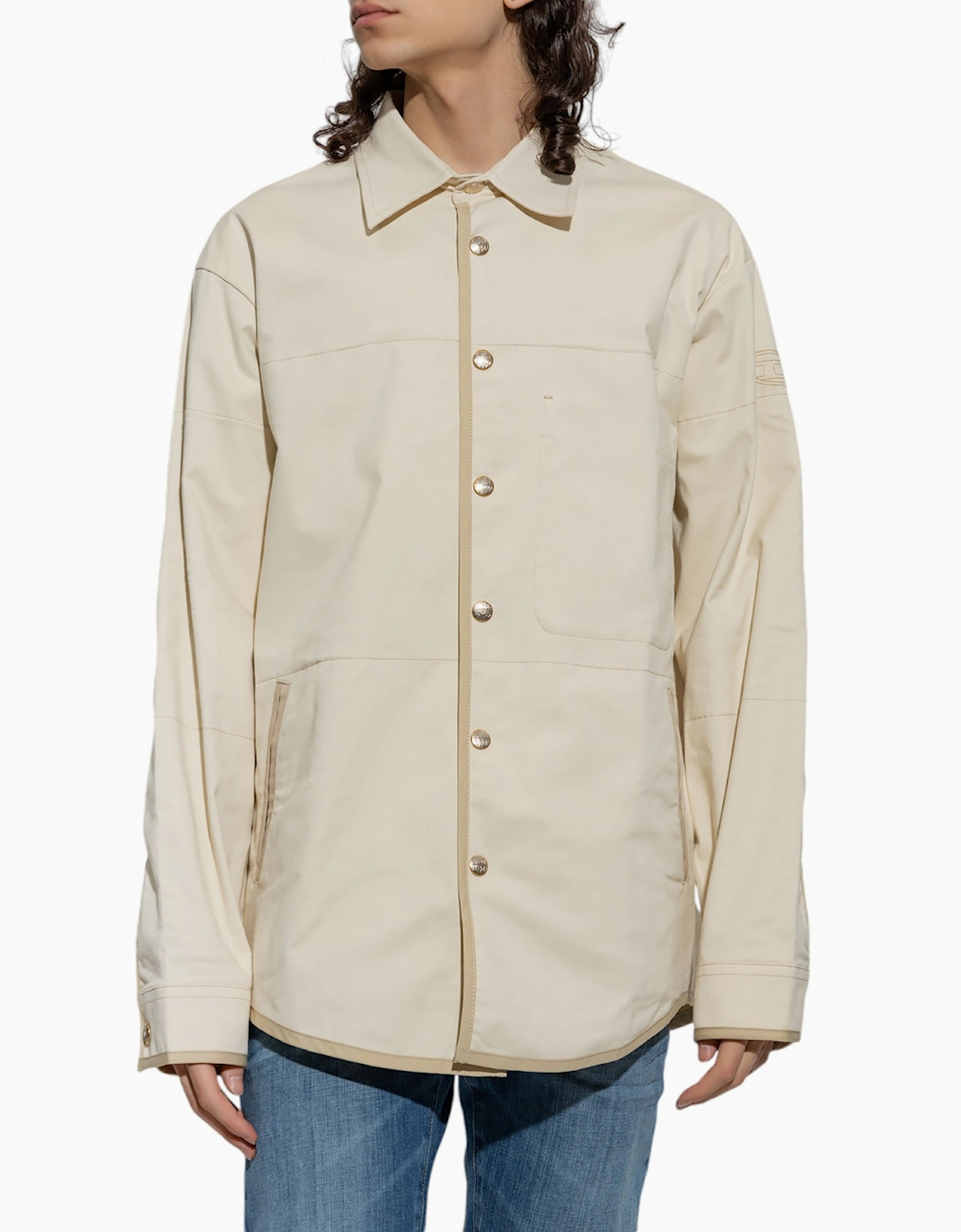 Diesel Men's DIESEL S-DOVES Mens Overshirt Long Sleeve Snap Button Pocket Plain Casual Shirts - Cream