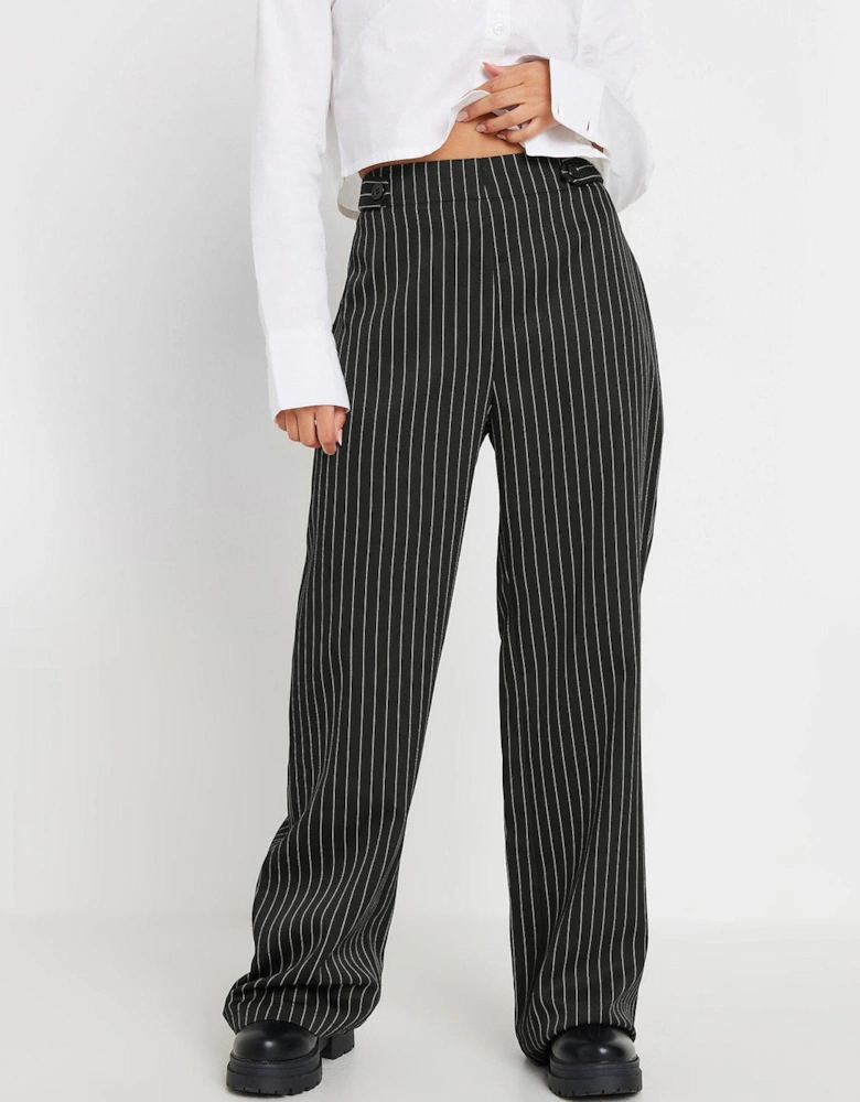 Petite Tab Pinstripe Wide Leg Trousers - Black