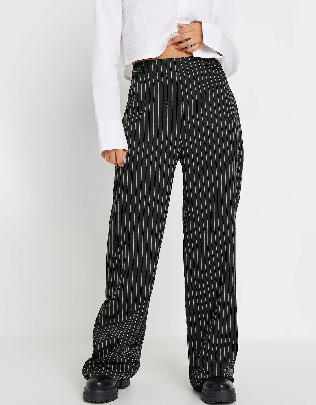 Petite Tab Pinstripe Wide Leg Trousers - Black, 2 of 1