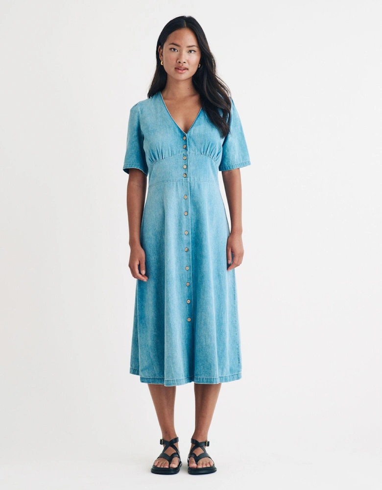 Button Down Puff Sleeve Midi Dress - Blue