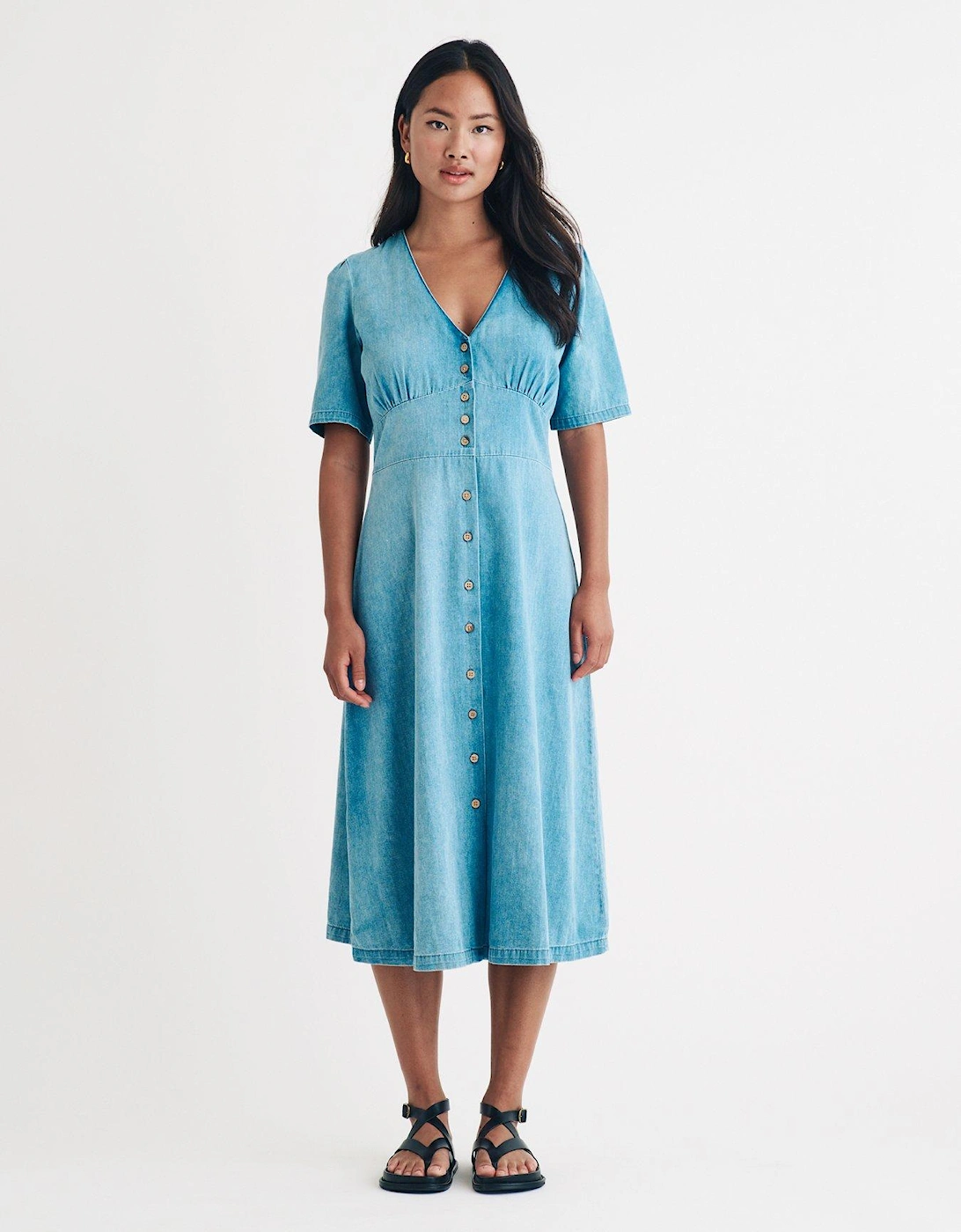 Button Down Puff Sleeve Midi Dress - Blue, 5 of 4