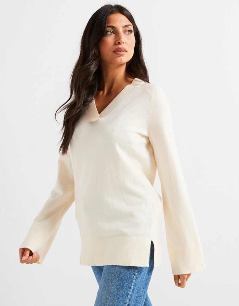 V Neck Longline Jumper - Light Beige