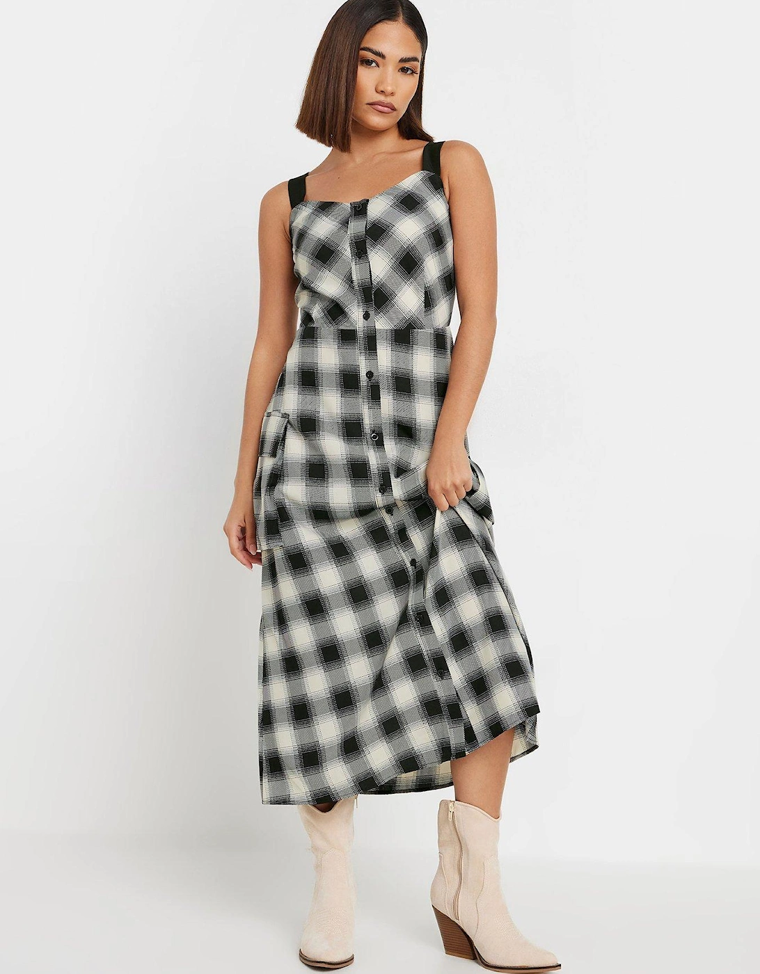 Petite Check Button Through Midi Dress - Black, 2 of 1