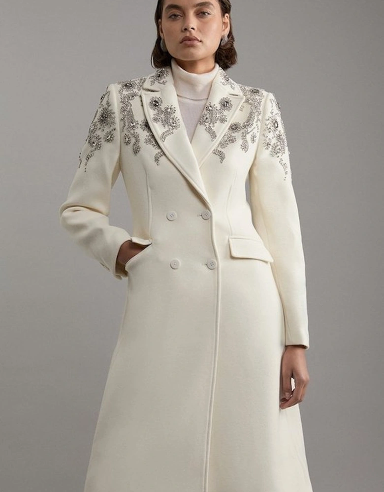 Tailored Wool Blend Embellished Double Breasted Midi Coat