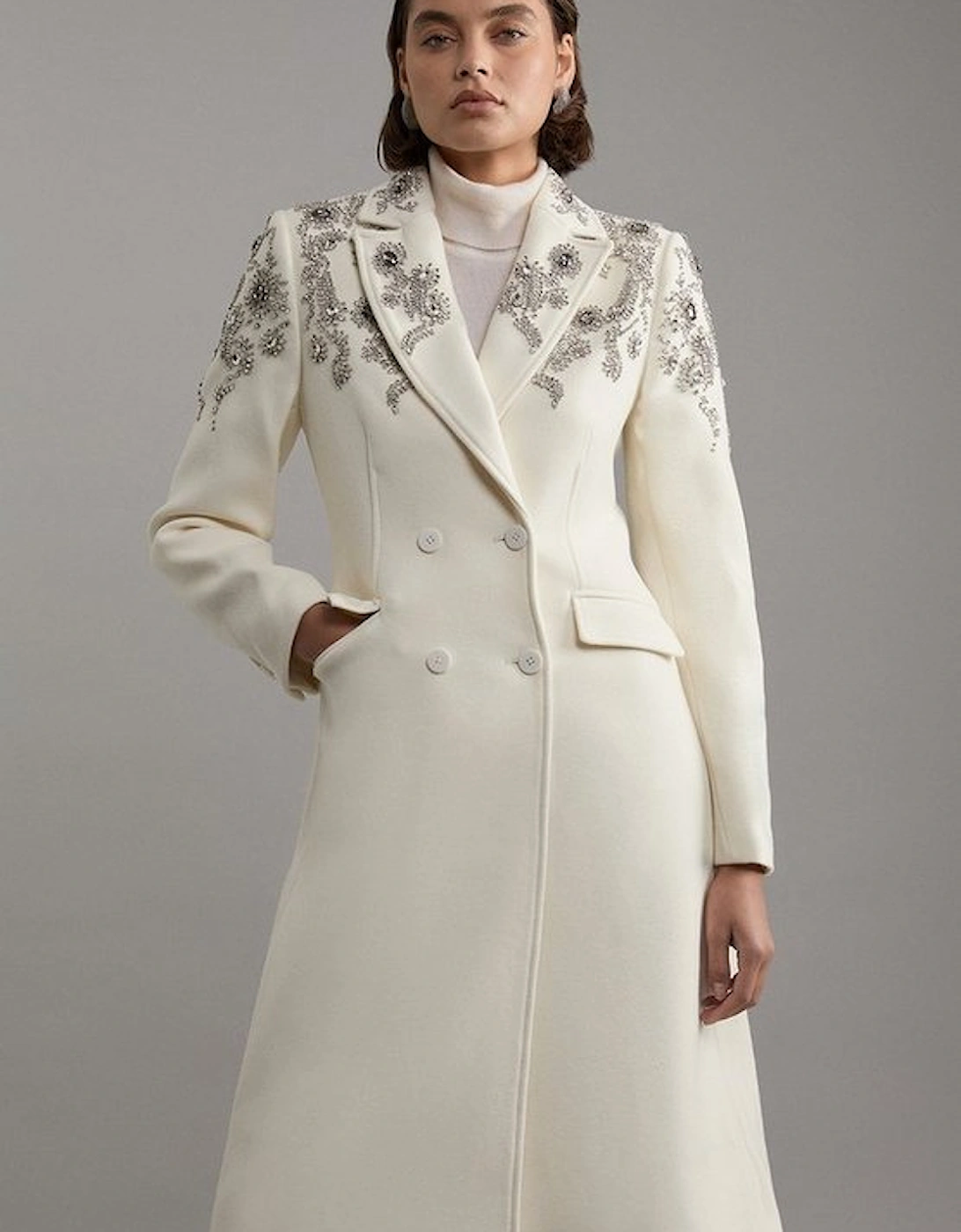 Tailored Wool Blend Embellished Double Breasted Midi Coat, 5 of 4