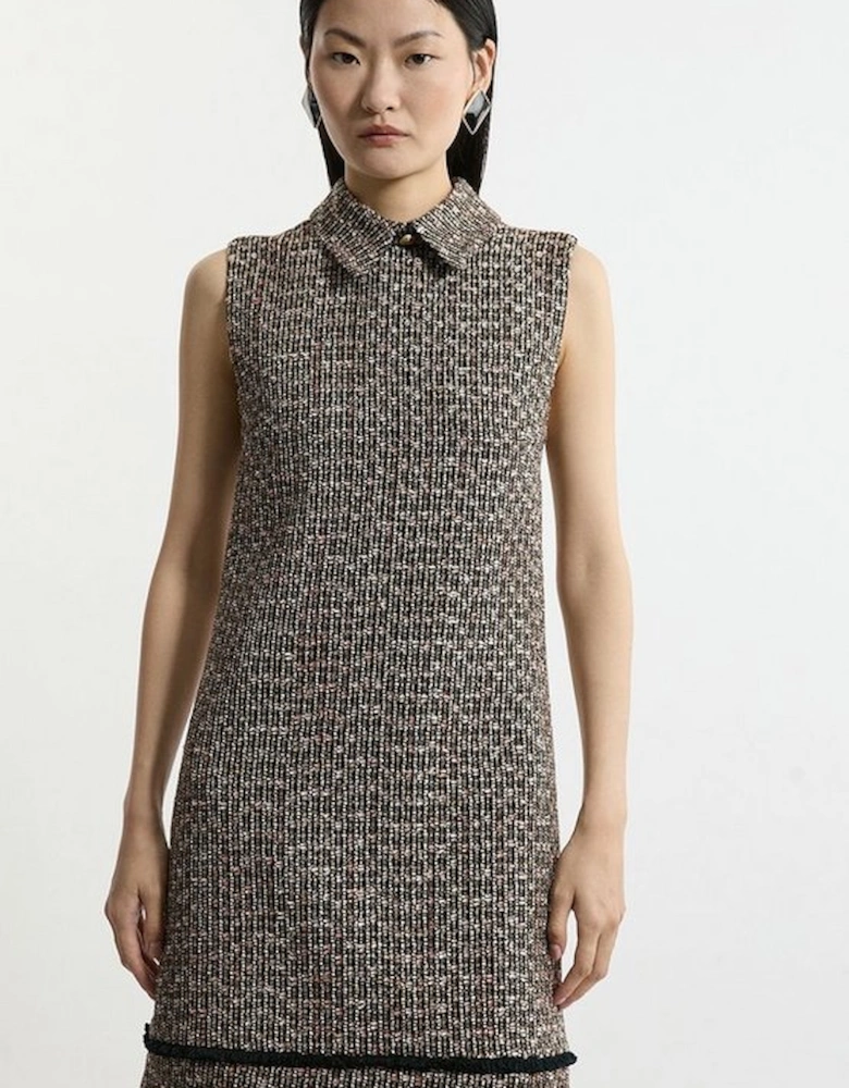 Wool Mix Boucle Tailored Collared Sleeveless Dress